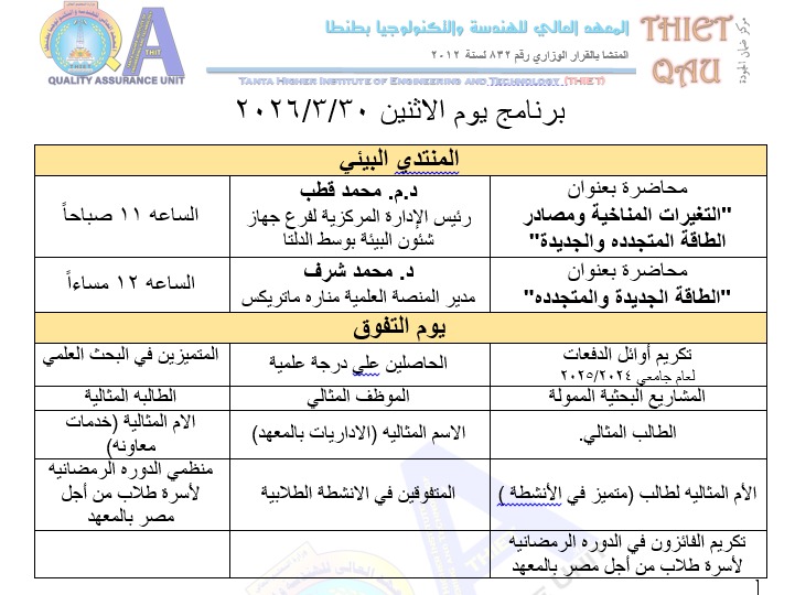 برنامج الاحتفال (يوم التفوق) و المنتدى البيئى